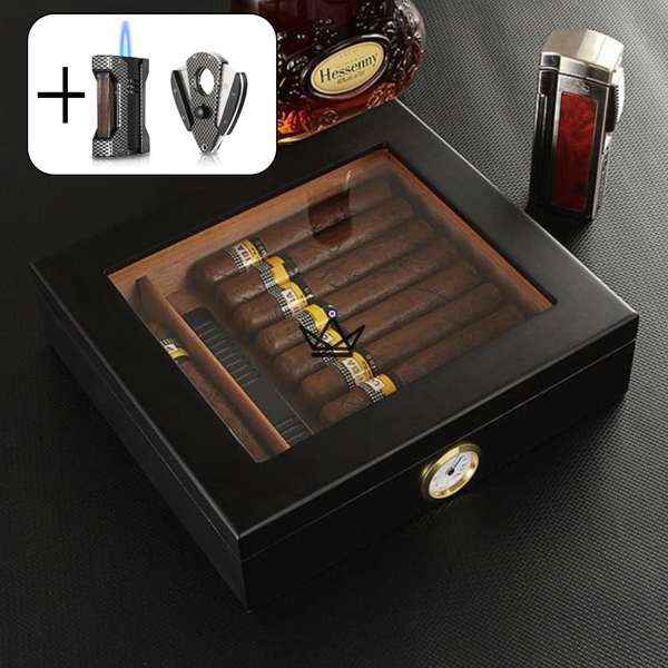 JANGO Cigar Humidor — Glass-top 20 cigars, Spanish cedar & humidifier