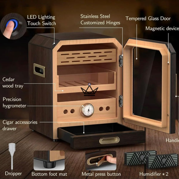 Prestige Cedar Lux Zigarrenschrank – Zeder, Touch-LED, 100–150 Zigarren, Glasfach, 2 Befeuchter, Hygrometer an der Vorderseite, Nussbaum oder Carbon – 11/15
