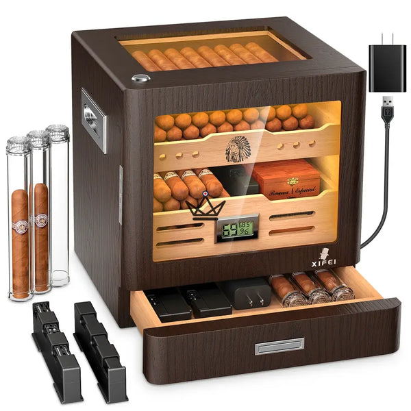 Dominion Legacy Cigar Humidor — Spanish Cedar, Glass Front, 3-Color Touch LED, 100-Cigar Capacity, Digital Hygrometer & 2 Gel Humidifiers – 2/8
