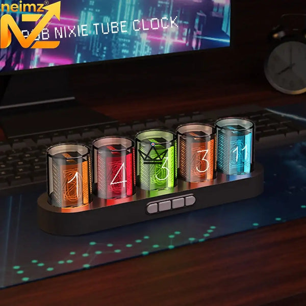 RGB-Nixie-Effekt-Uhr mit transparenten Röhren, ovaler Sockel — CHROMA, Schwarz