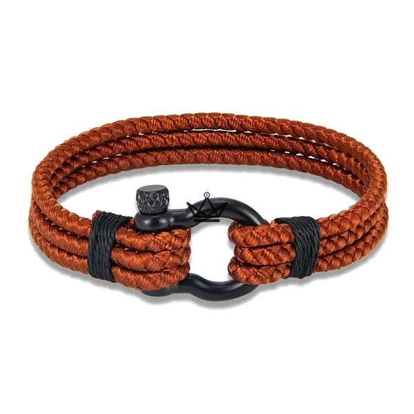 Bracelet cordage tressé à manille marine en acier noir — BOSCO, Marron / S
