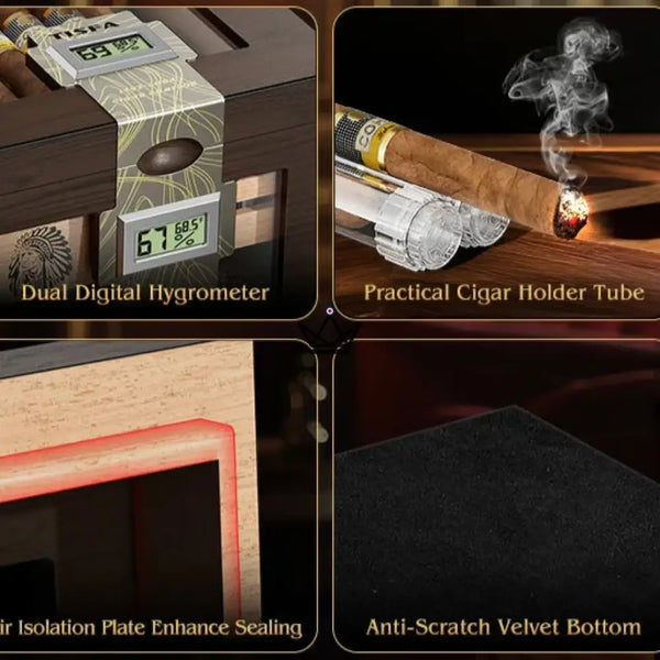 Cave à cigares Dominion Heritage — cèdre espagnol, couvercle vitré, 80 cigares, 2 hygromètres digital, 2 humidificateurs gel & 3 tubes voyage – 8/8
