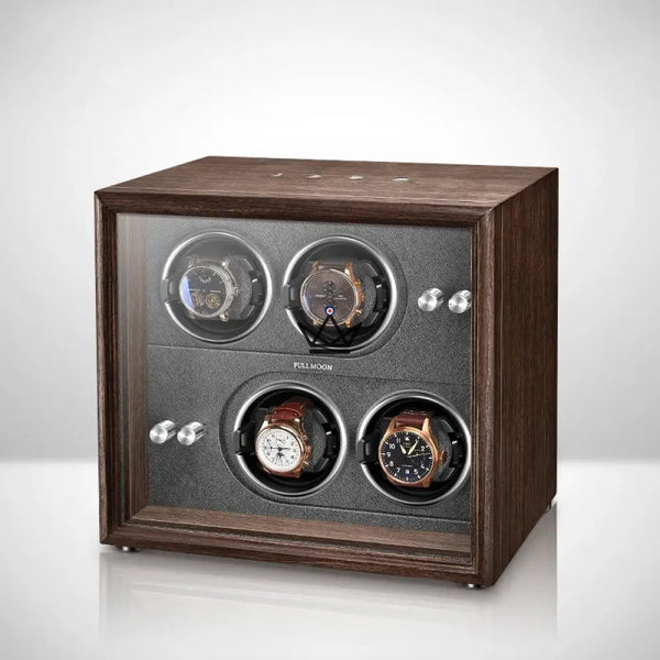 Remontoir Montre Automatique FULL MOON — Phases Lunaires, LED, Anti-Magnétique, 2 ou 4 Montres, 4 Emplacements / Bois
