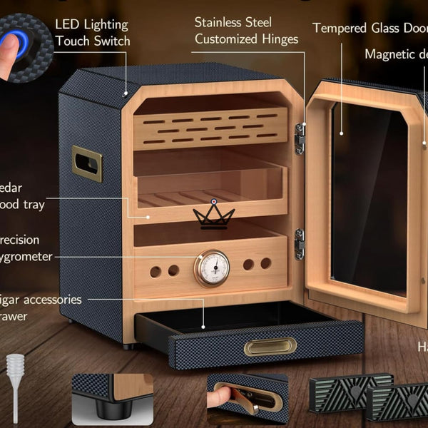 Prestige Cedar Lux Zigarrenschrank – Zeder, Touch-LED, 100–150 Zigarren, Glasfach, 2 Befeuchter, Hygrometer an der Vorderseite, Nussbaum oder Carbon – 10/15