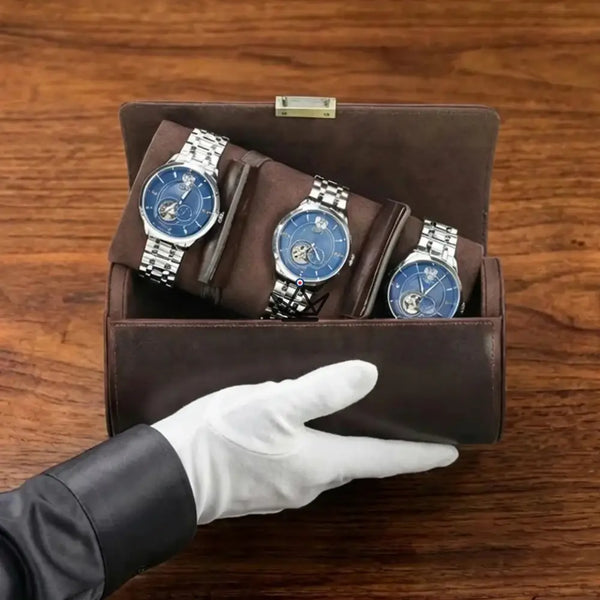 Étui Montre Voyage Cuir Personnalisable 1 à 4 Montres — Voyageur CAPSULE, Trio — 3 montres