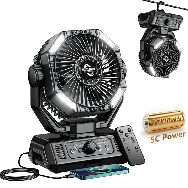 Ventilateur portable sur batterie NOELY — 20 000 mAh, LED & Power Bank, Noir