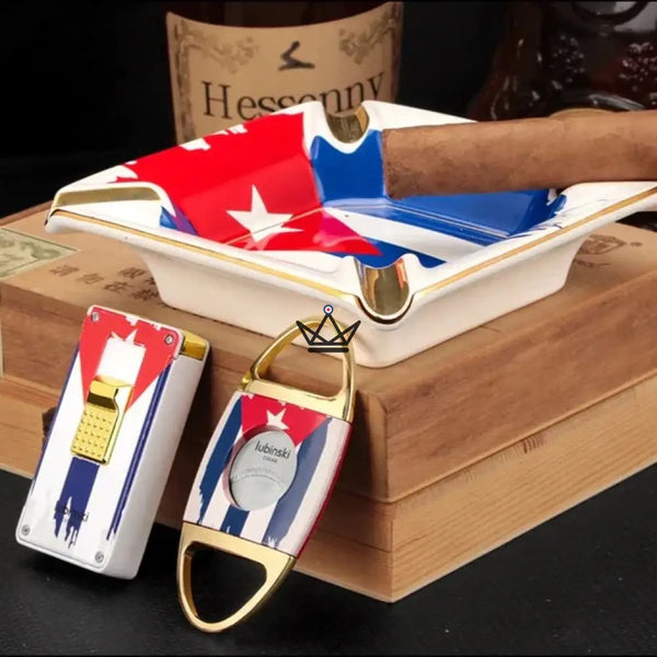 MAESTRO STARS Luxury Cigar Accessories Pack — Ceramic Ashtray + Lighter + Cutter | Gold Finish, Freedom