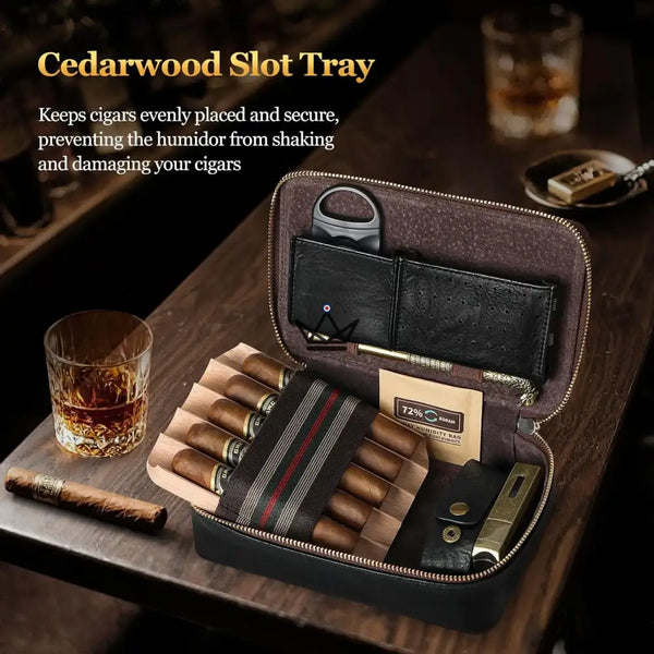 Étui à cigares Magyars Wood — plateau cèdre 5 cigares, coupe-cigare double lame, aiguille tête de dragon & kit Boveda 72 % – 5/12