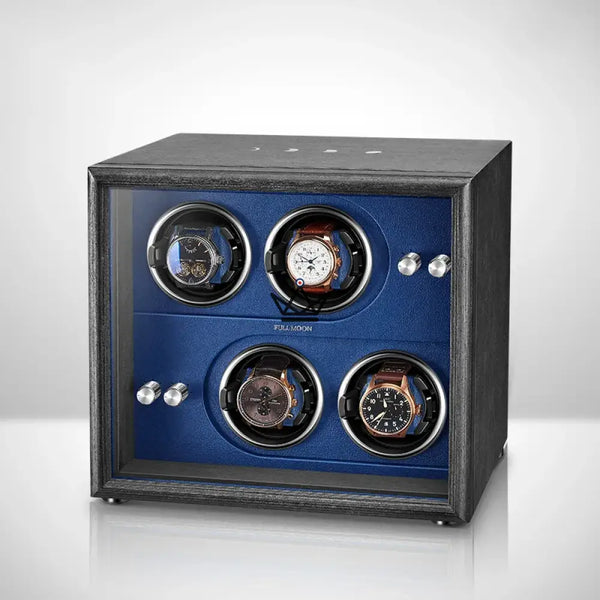 Remontoir Montre Automatique FULL MOON — Phases Lunaires, LED, Anti-Magnétique, 2 ou 4 Montres, 4 Emplacements / Bleu