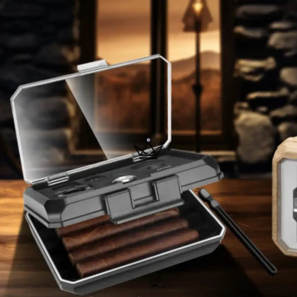 Coffret voyage cigare New Origin — mini-humidor portable, hygromètre & 5 accessoires intégrés – 14/16
