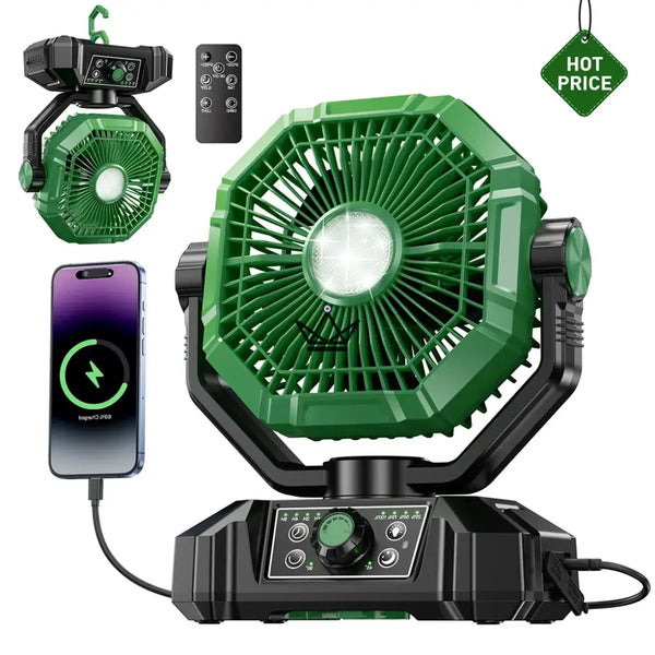 Ventilateur portable sur batterie NOELY — 20 000 mAh, LED & Power Bank, Vert