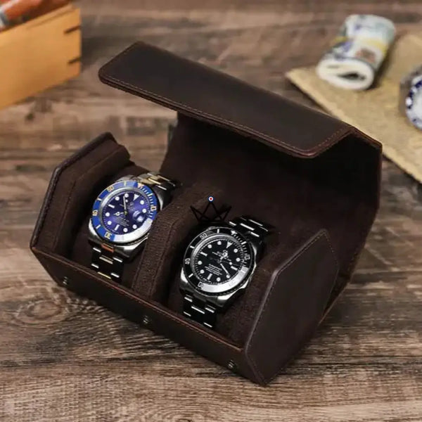 Etui de voyage personnalisable pour montre automatique en cuir — Voyageur Hexagone, 2 Montres