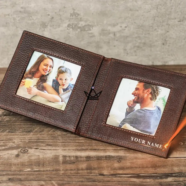 Cadre photo double pliant en cuir personnalisable — Voyageur SOUVENIR