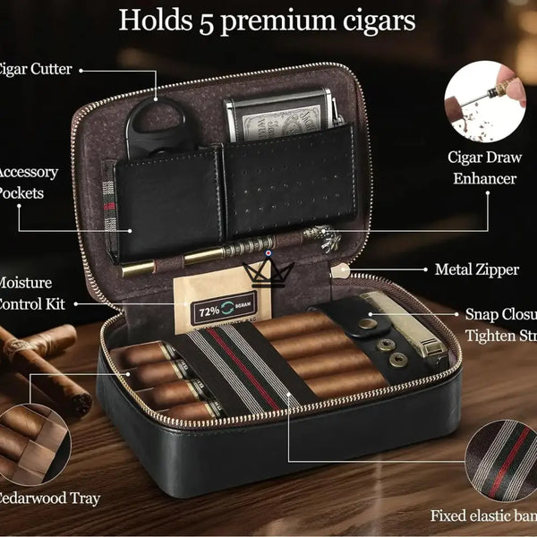 Étui à cigares Magyars Wood — plateau cèdre 5 cigares, coupe-cigare double lame, aiguille tête de dragon & kit Boveda 72 % – 3/12