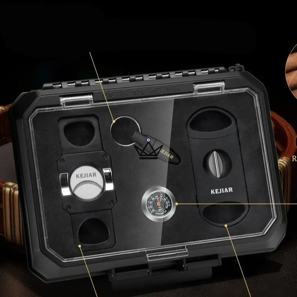 Coffret voyage cigare New Origin — mini-humidor portable, hygromètre & 5 accessoires intégrés – 8/16