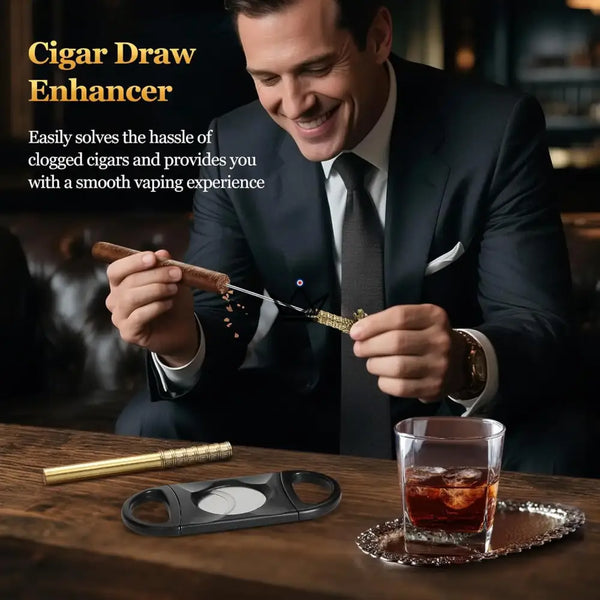 Étui à cigares Magyars Wood — plateau cèdre 5 cigares, coupe-cigare double lame, aiguille tête de dragon & kit Boveda 72 % – 4/12