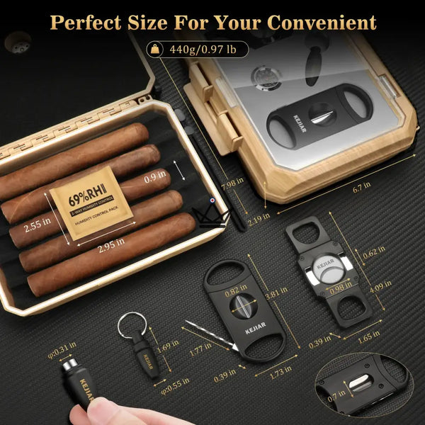 Coffret voyage cigare New Origin — mini-humidor portable, hygromètre & 5 accessoires intégrés – 7/16
