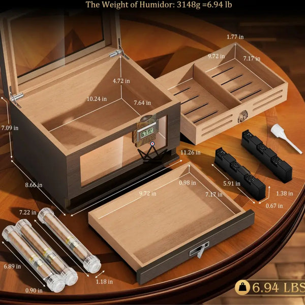Cave à cigares Dominion Heritage — cèdre espagnol, couvercle vitré, 80 cigares, 2 hygromètres digital, 2 humidificateurs gel & 3 tubes voyage – 4/8