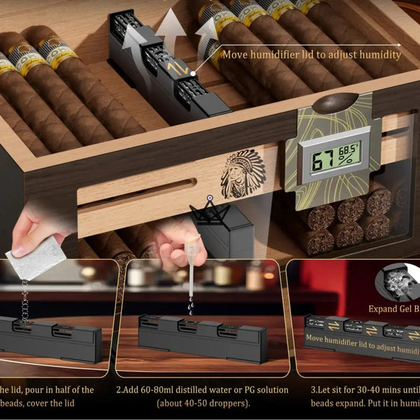 Cave à cigares Dominion Heritage — cèdre espagnol, couvercle vitré, 80 cigares, 2 hygromètres digital, 2 humidificateurs gel & 3 tubes voyage – 6/8