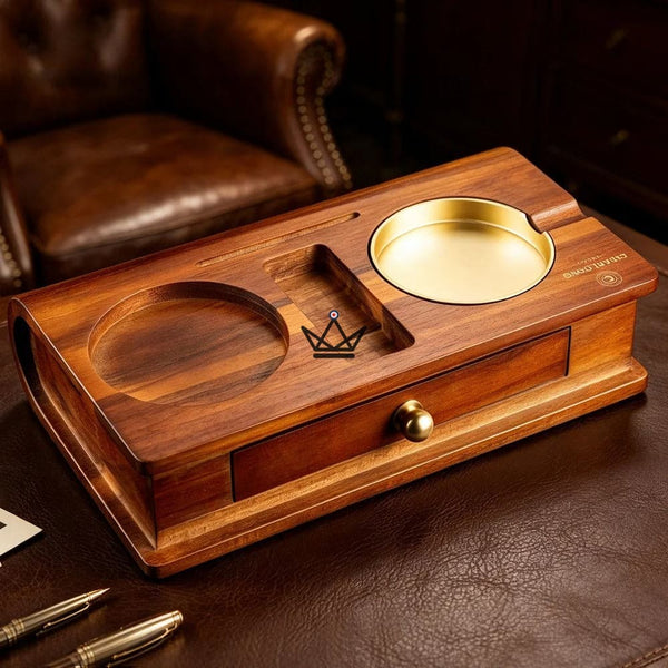 Solid Wood Cigar Ashtray with Whisky Slot and Drawer - Whisky Butler