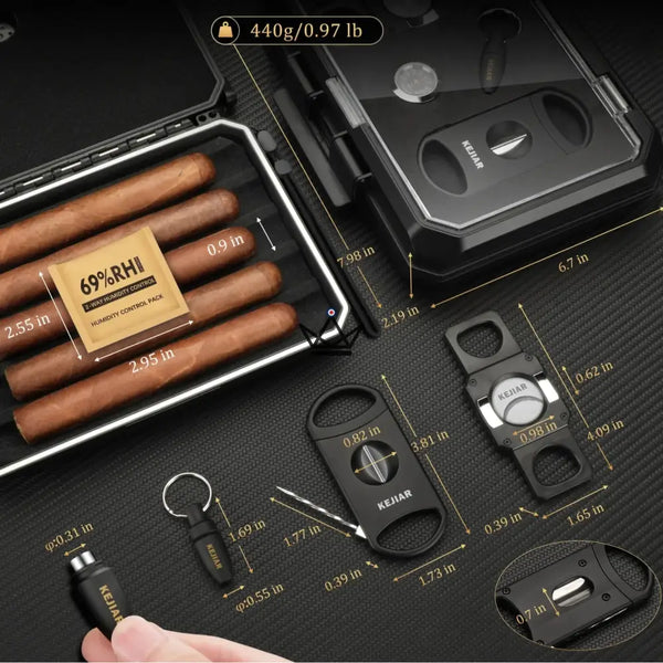 Coffret voyage cigare New Origin — mini-humidor portable, hygromètre & 5 accessoires intégrés – 6/16