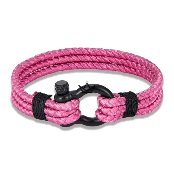 Bracelet cordage tressé à manille marine en acier noir — BOSCO, Rose / S