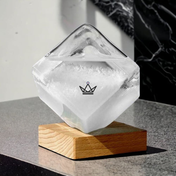 Baromètre à cristaux cube en verre sur socle bois - GIVRE