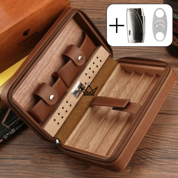 Cave à cigare de voyage en cuir - COHIBA STYLE avec briquet et coupe cigare pack portable luxe cadeau argent marron