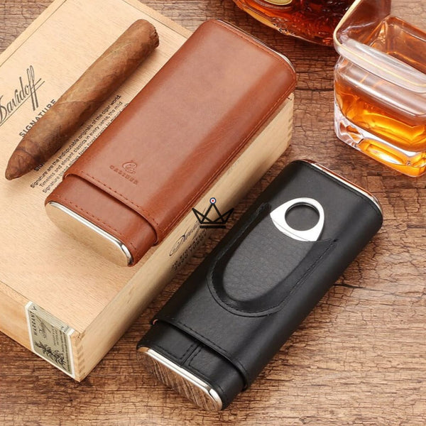 Étui à cigares NEBOS — cuir & cèdre, 3 cigares, coupe-cigare inclus