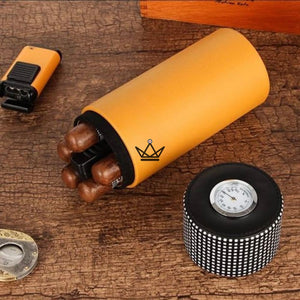 ORBAL PRIME Cigar Humidor — cylindrical leather & cedar, 5 to 10 cigars | hygrometer included