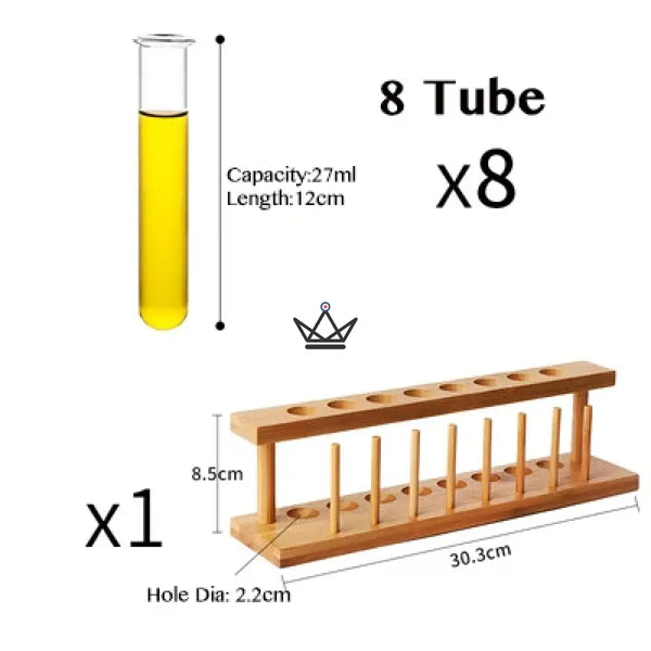 Portoir à éprouvettes en bois et éprouvettes en verre borosilicaté - CORNUE - ["maj-desc","maj-filtre","Objets Scientifiques"] - Objets Scientifiques - Cadeau, Noël, Anniversaire, Original, Fête des pères, fête des mères - Atelier Atypique