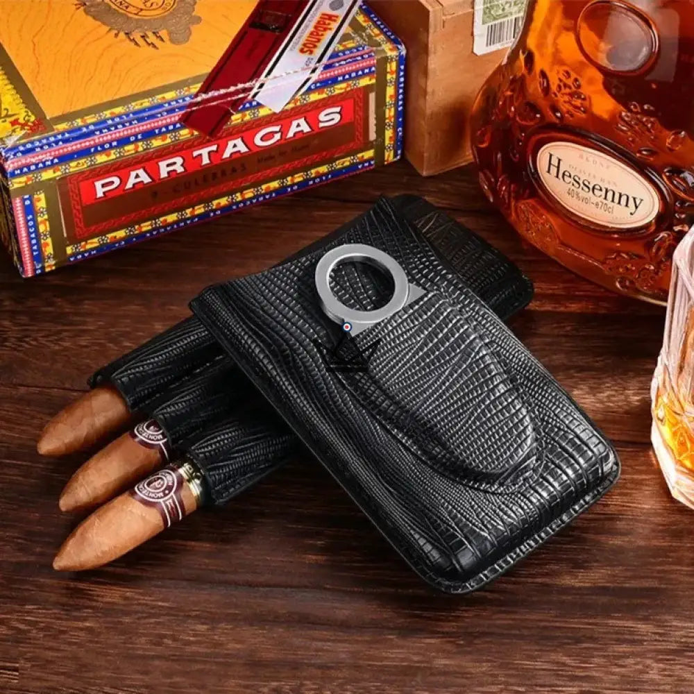 Étui à Cigare En Cuir Avec Coupe-cigare - Pour 3 Cigares, Doublure Bois De Cèdre - Cadeau Homme élégant