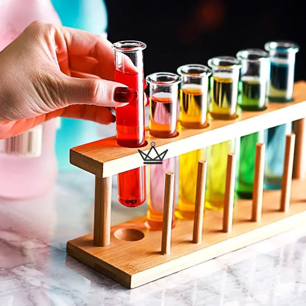 Portoir à éprouvettes en bois et éprouvettes en verre borosilicaté - CORNUE - ["maj-desc","maj-filtre","Objets Scientifiques"] - Objets Scientifiques - Cadeau, Noël, Anniversaire, Original, Fête des pères, fête des mères - Atelier Atypique