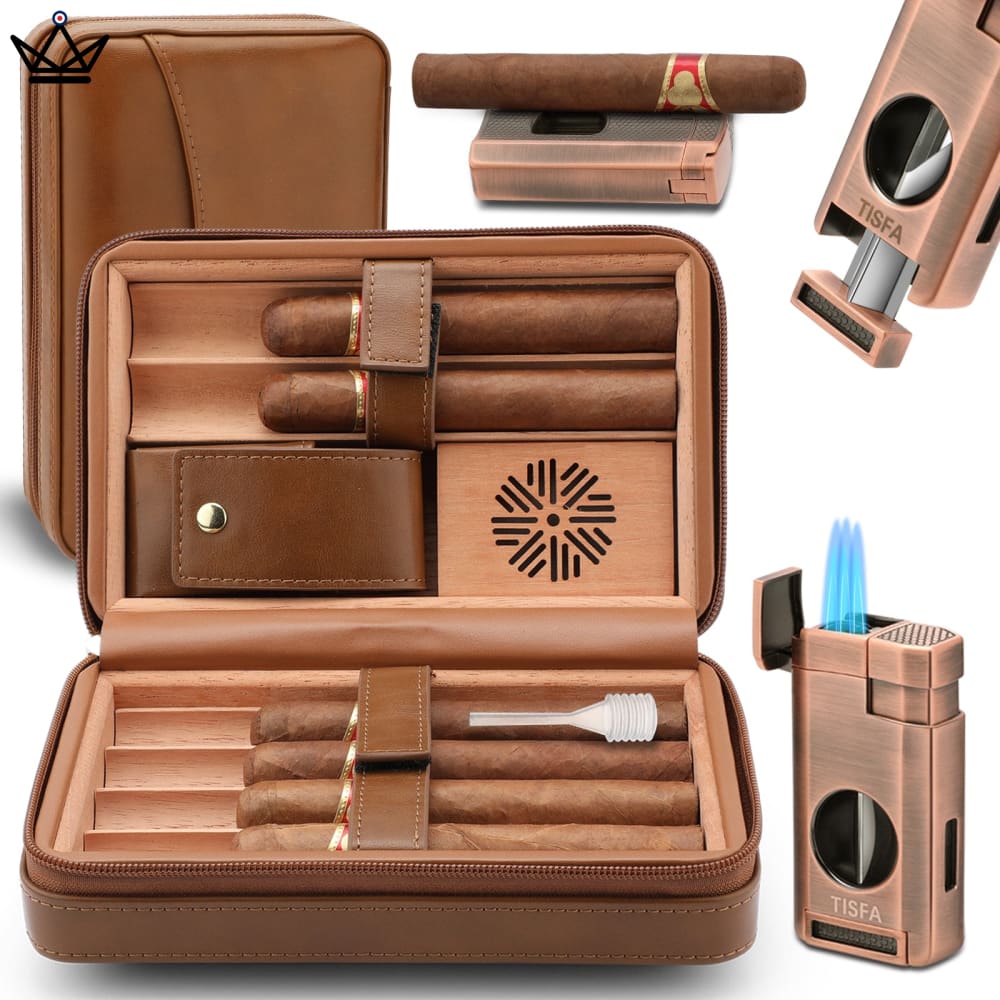 GALINER Gadget Cigar Case Leather Cigar Travel Case Pocket Cedar Wood Cigar  Humidor Holder W/ow Cigars Cutter Gift Box