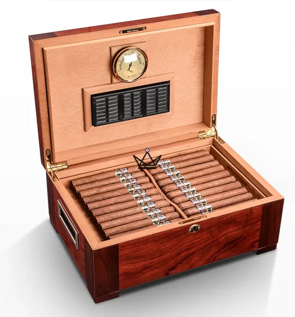 Zigarrenhumidor Zeder Aura – Palisander & Abalone, 100 Zigarren, verstellbare Zederteiler, Goldschloss
