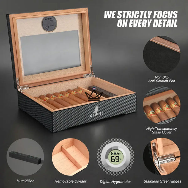 Zigarrenhumidor Carbonfaser 25-35 Zigarren mit Glasfenster - SHADOW