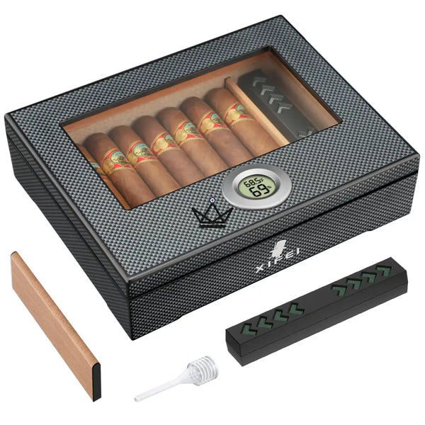 Zigarrenhumidor Carbonfaser 25-35 Zigarren mit Glasfenster - SHADOW