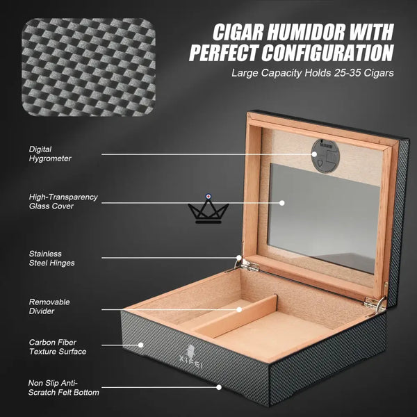Zigarrenhumidor Carbonfaser 25-35 Zigarren mit Glasfenster - SHADOW