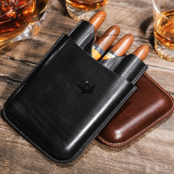 Personalisierbares Zigarrenetui für 4 Zigarren aus Leder — Voyageur Elixir, Schwarz