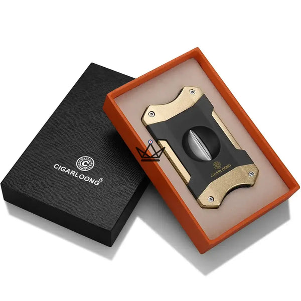 2-in-1 V-shaped cigar cutter with cigar rest, gift set — AZZURRO ORIGINAL, Black and gold