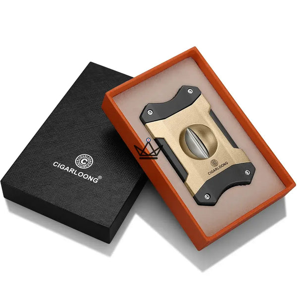2-in-1 V-shaped cigar cutter with cigar rest, gift set — AZZURRO ORIGINAL, Gold and black