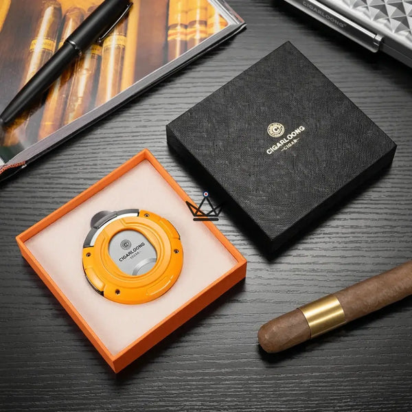 Runder 2-in-1-Zigarrenscherer mit geradem und V-förmigem Schnitt, Geschenkset — KUKLOS ORIGINAL, Orange