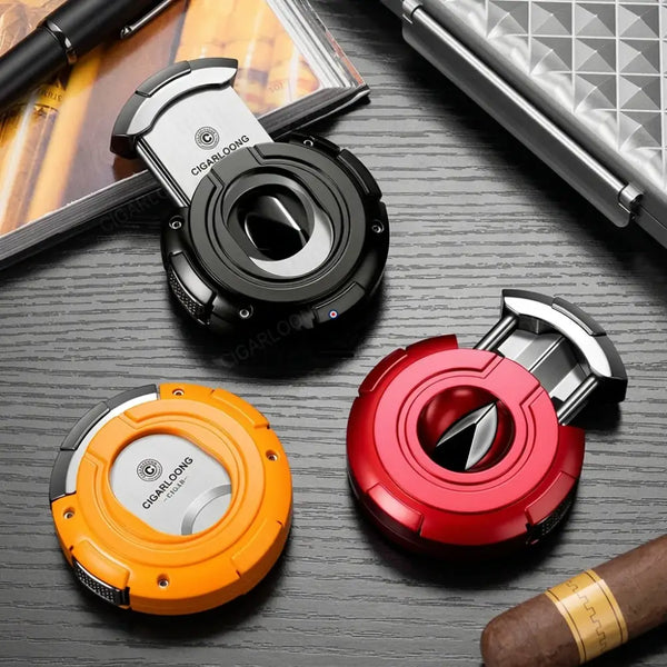 Runder 2-in-1-Zigarrenscherer mit geradem und V-förmigem Schnitt, Geschenkset — KUKLOS ORIGINAL