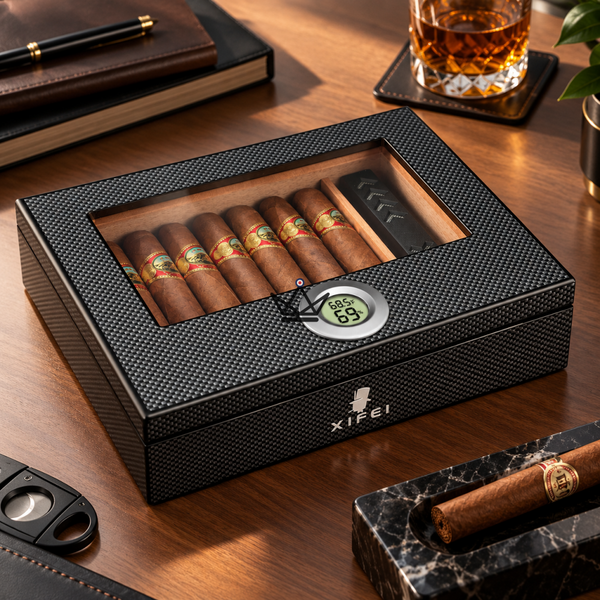 Zigarrenhumidor Carbonfaser 25-35 Zigarren mit Glasfenster - SHADOW