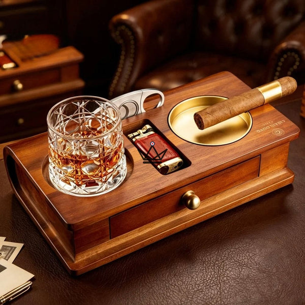 Cendrier Cigare Bois Massif Emplacement Whisky Tiroir - Whisky Butler