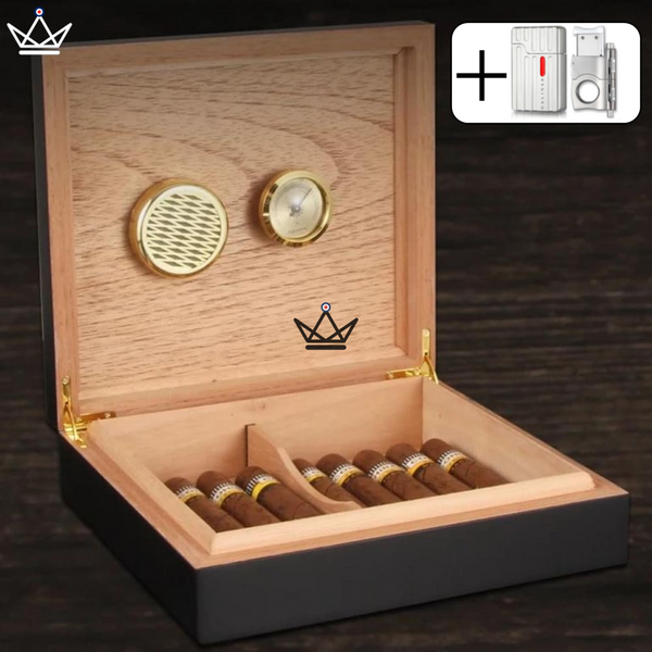 Zigarrenhumidore BLACK WOOD — Zedernholz, 20 Zigarren, Hygrometer & Befeuchter