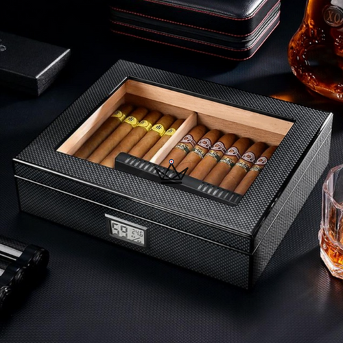 Cave à cigares CARBON — fibre de carbone, cèdre espagnol & vitre | 35 cigares
